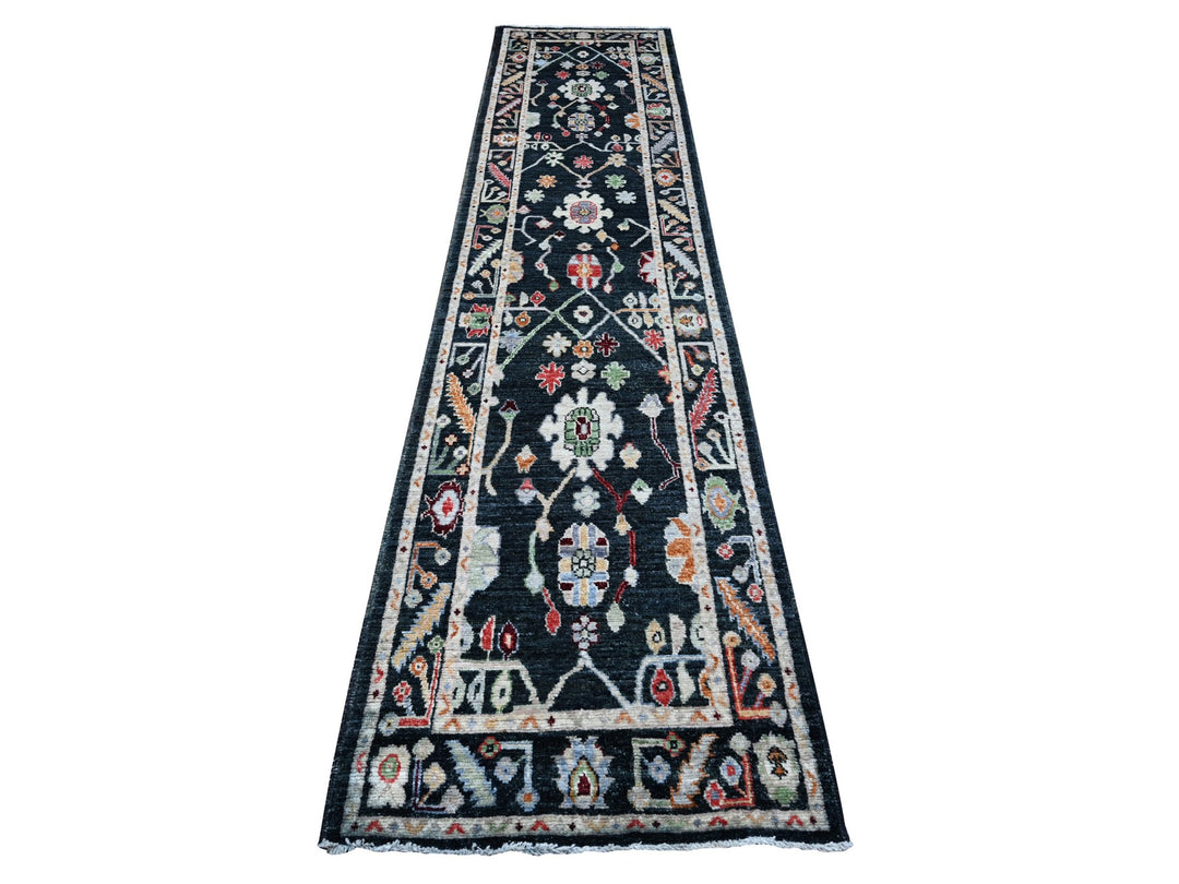 2'8" x 12'5" New Hand Knotted Black Wool Runner Oriental Rug - MOA10289024