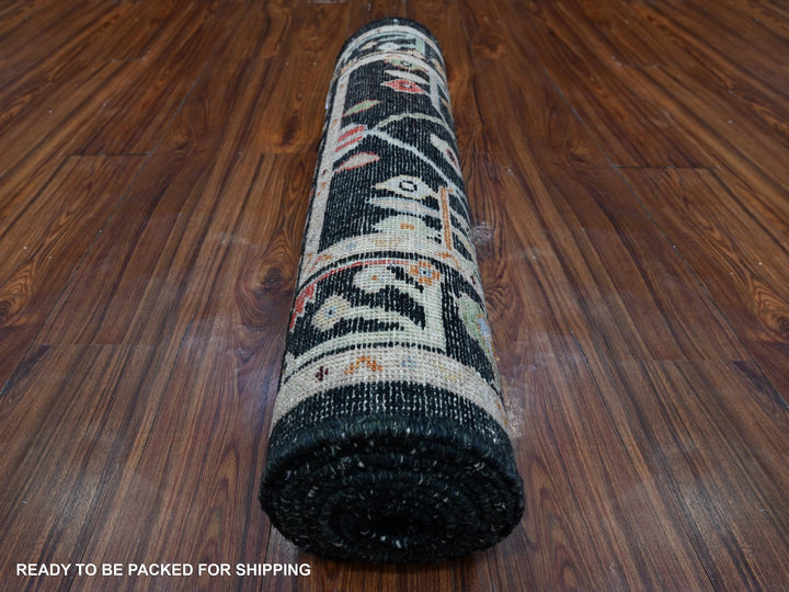 2'8" x 12'5" New Hand Knotted Black Wool Runner Oriental Rug - MOA10289024