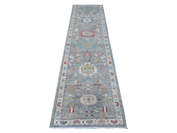 2'6" x 9'9" New Hand Knotted Grey Wool Runner Oriental Rug - MOA10289041