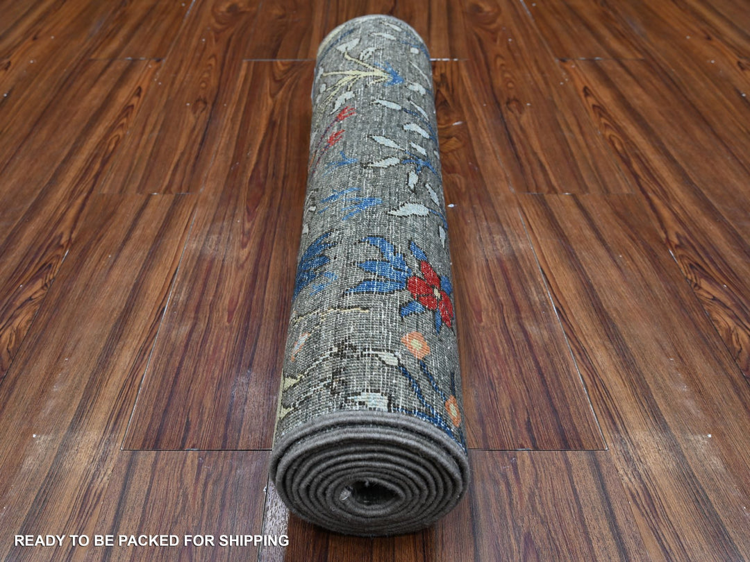 2'7" x 9'9" New Hand Knotted Grey Wool Runner Oriental Rug - MOA10289046