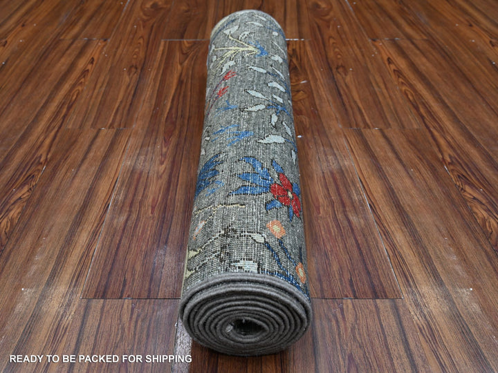 2'7" x 9'9" New Hand Knotted Grey Wool Runner Oriental Rug - MOA10289046