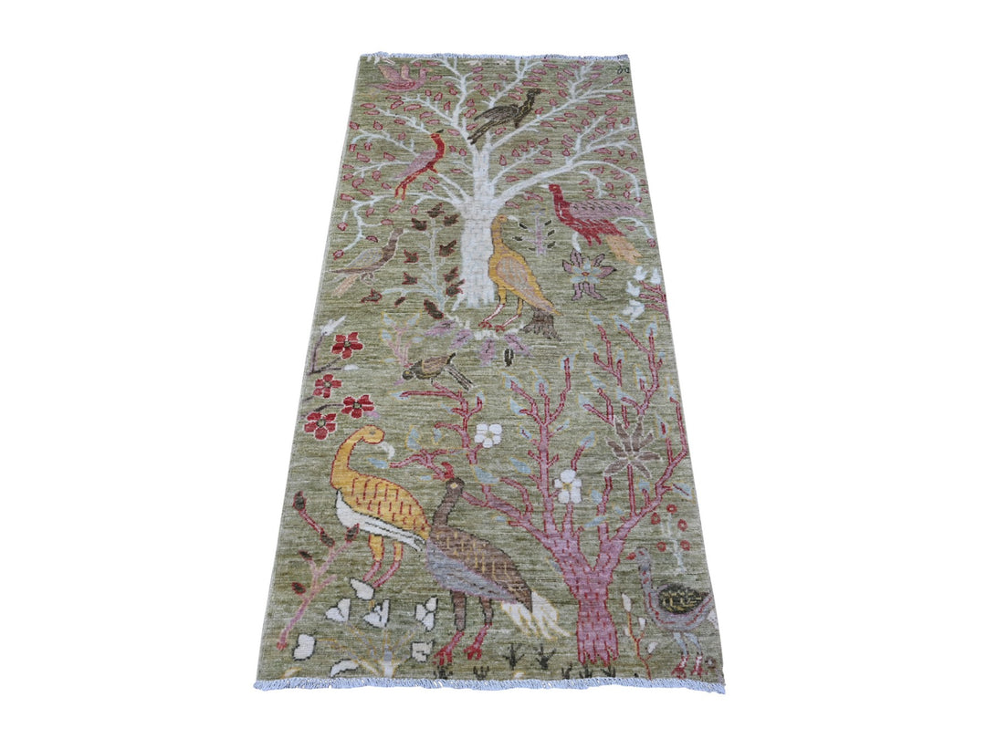 2'9" x 5'11" New Hand Knotted Green Wool Runner Oriental Rug - MOA10289048