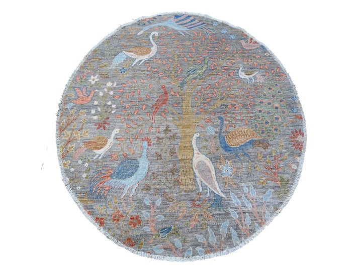 5'1" x 5'1" New Hand Knotted Grey Wool Round Oriental Rug - MOA10289075