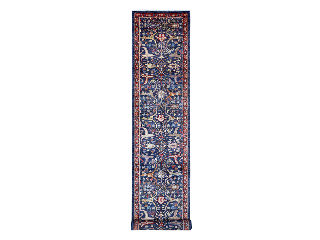 3'2" x 19'5" New Hand Knotted Blue Wool Runner Oriental Rug - MOA10289077