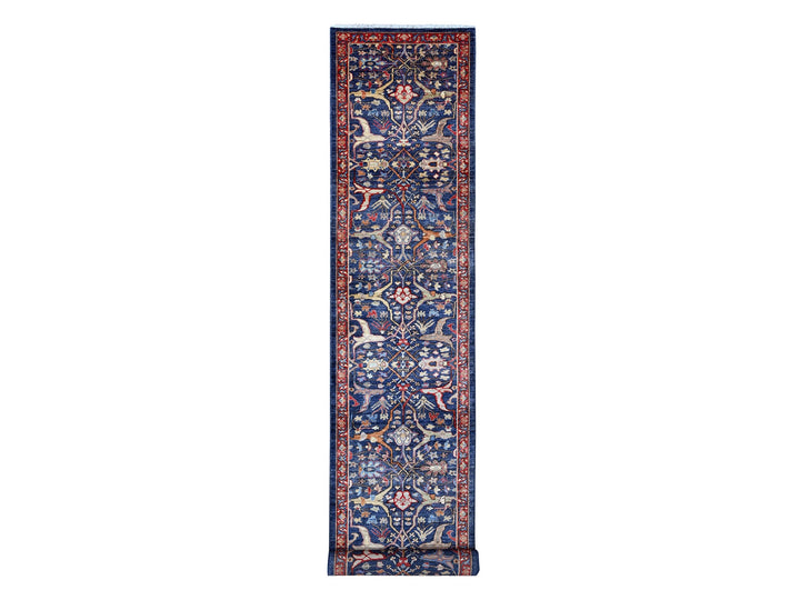 3'2" x 19'5" New Hand Knotted Blue Wool Runner Oriental Rug - MOA10289077
