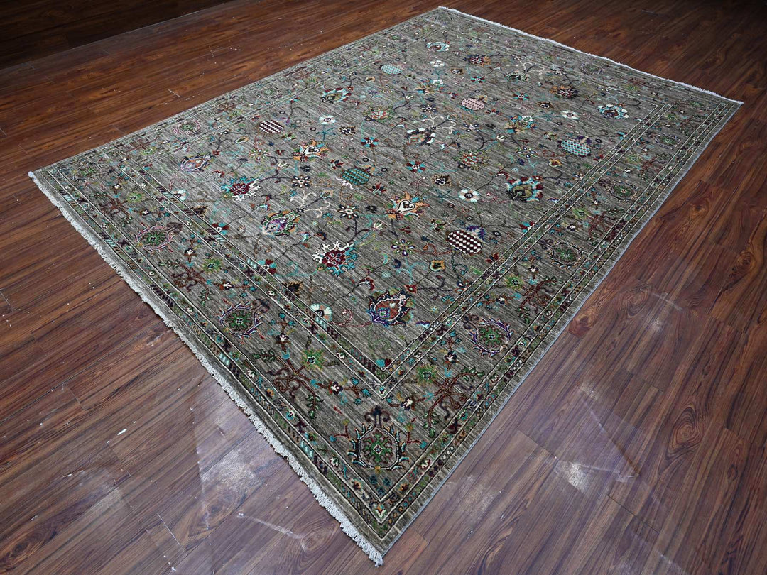 8'1" x 11'2" New Hand Knotted Grey Wool Rectangle Oriental Rug - MOA10289109