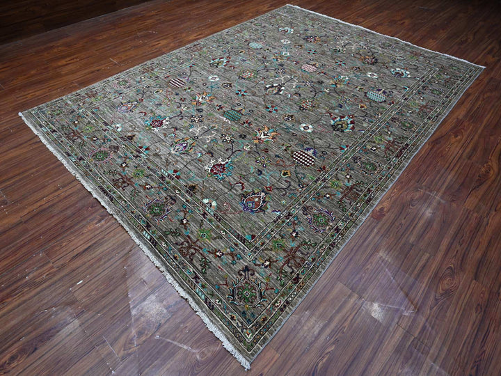 8'1" x 11'2" New Hand Knotted Grey Wool Rectangle Oriental Rug - MOA10289109
