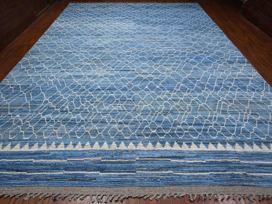 12'0" x 16'1" New Hand Knotted Blue Wool Rectangle Oriental Rug - MOA10289135