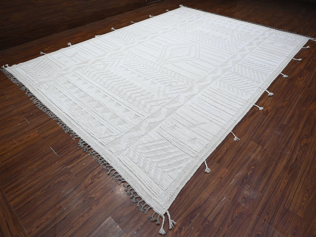 9'11" x 14'2" New Hand Knotted Ivory Wool Rectangle Oriental Rug - MOA10289174