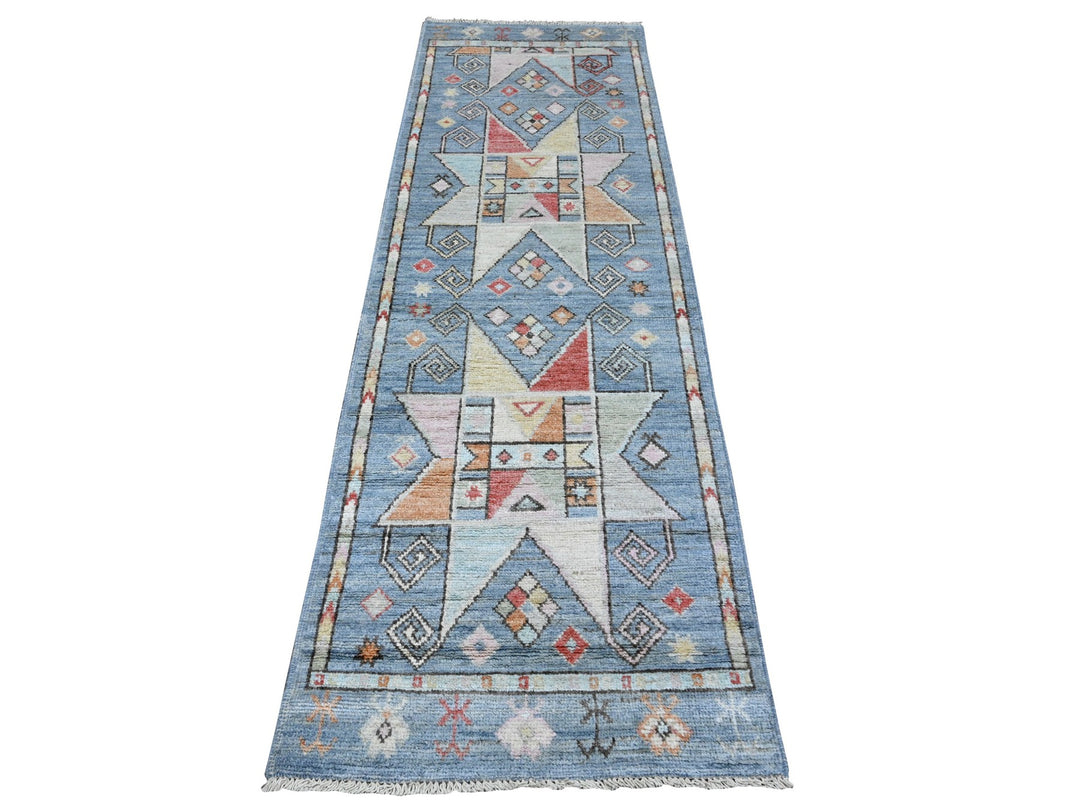 2'8" x 8'3" New Hand Knotted Blue Wool Runner Oriental Rug - MOA10289376