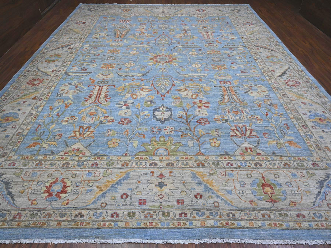 12'1" x 14'6" New Hand Knotted Blue Wool Rectangle Oriental Rug - MOA10289493