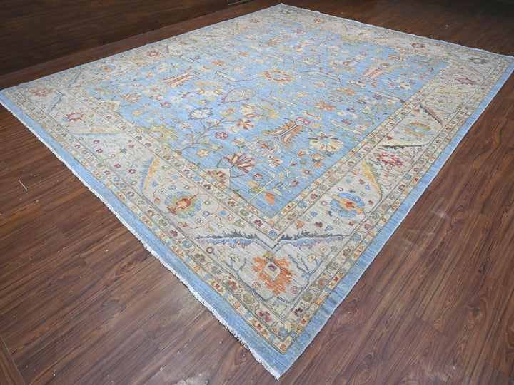 12'1" x 14'6" New Hand Knotted Blue Wool Rectangle Oriental Rug - MOA10289493