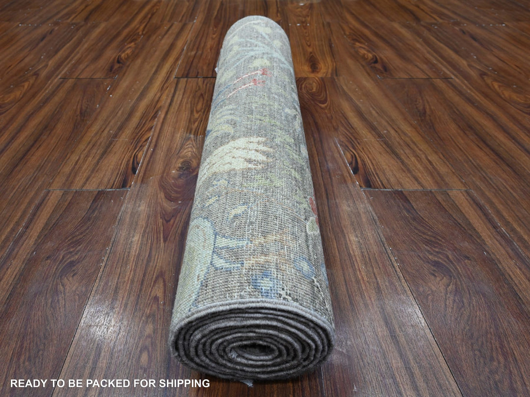 2'6" x 9'9" New Hand Knotted Grey Wool Runner Oriental Rug - MOA10289581