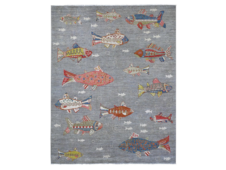 8'0" x 9'11" New Hand Knotted Grey Wool Rectangle Oriental Rug - MOA10289584
