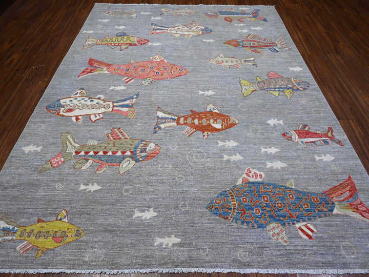 8'0" x 9'11" New Hand Knotted Grey Wool Rectangle Oriental Rug - MOA10289584