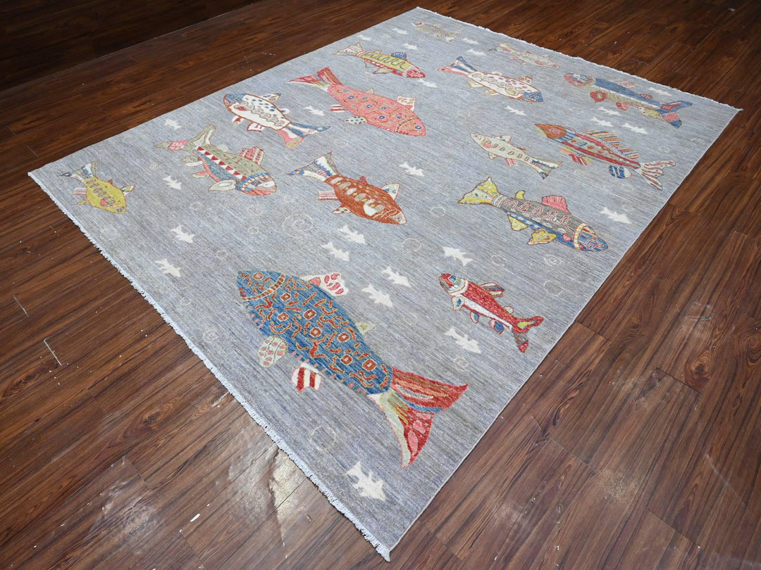8'0" x 9'11" New Hand Knotted Grey Wool Rectangle Oriental Rug - MOA10289584