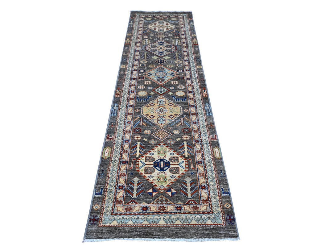 2'7" x 9'6" New Hand Knotted Grey Wool Runner Oriental Rug - MOA10289604