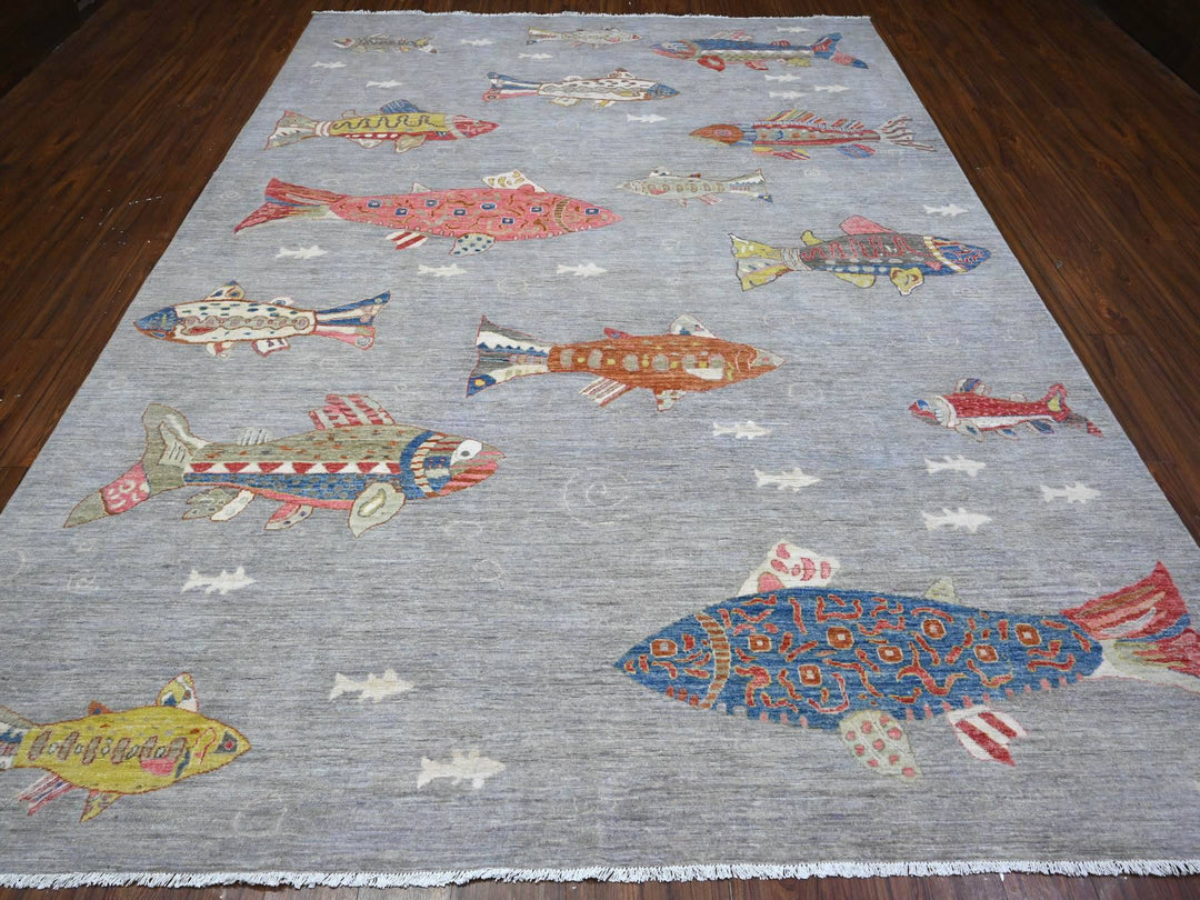 8'10" x 11'9" New Hand Knotted Grey Wool Rectangle Oriental Rug - MOA10289658