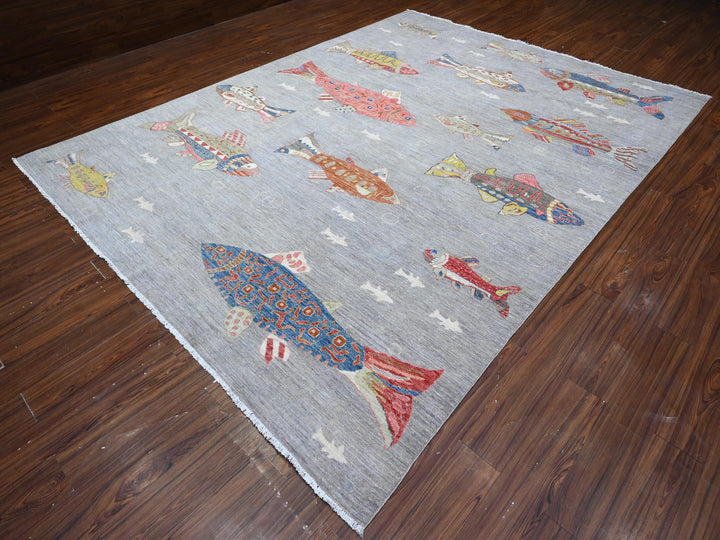 8'10" x 11'9" New Hand Knotted Grey Wool Rectangle Oriental Rug - MOA10289658