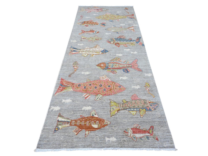3'11" x 9'8" New Hand Knotted Grey Wool Runner Oriental Rug - MOA10289659