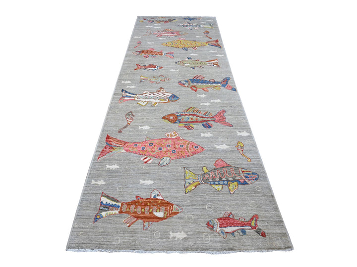4'1" x 12'0" New Hand Knotted Grey Wool Runner Oriental Rug - MOA10289660