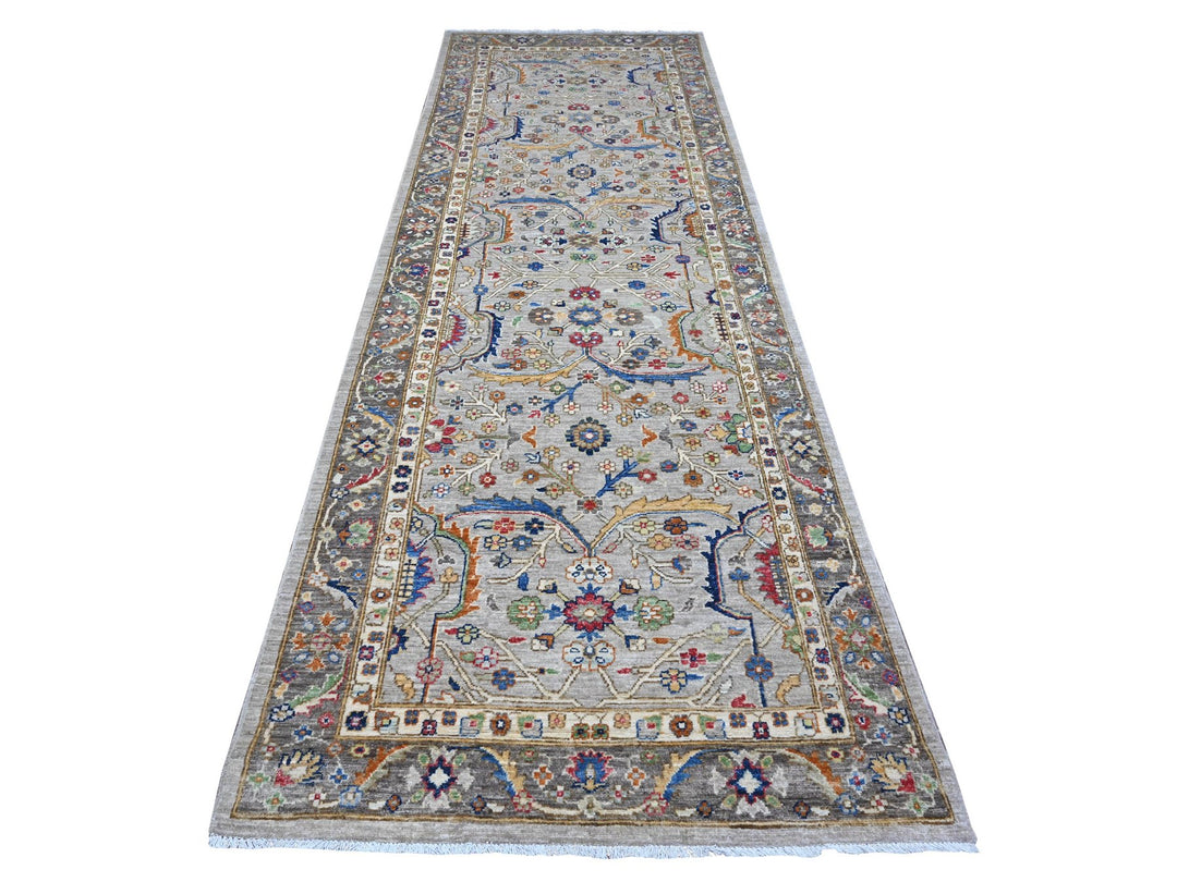 3'11" x 11'9" New Hand Knotted Grey Wool Runner Oriental Rug - MOA10289670