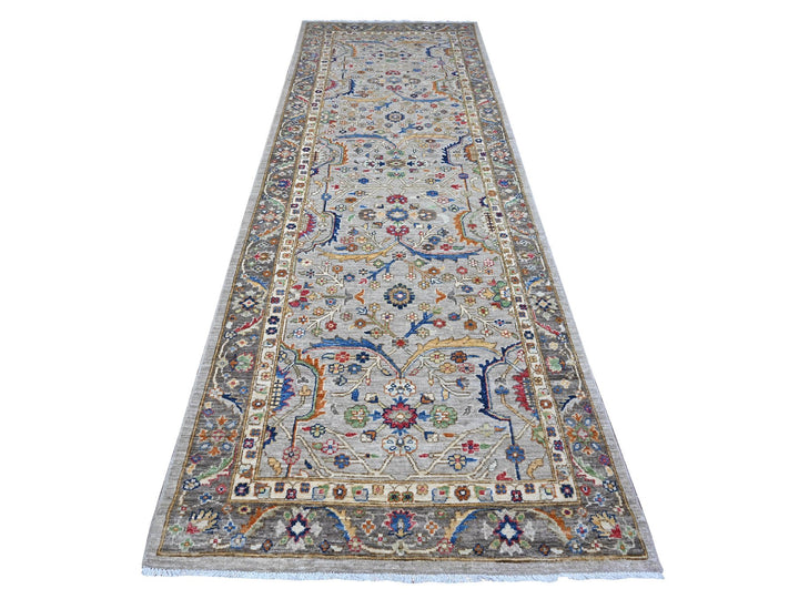 3'11" x 11'9" New Hand Knotted Grey Wool Runner Oriental Rug - MOA10289670