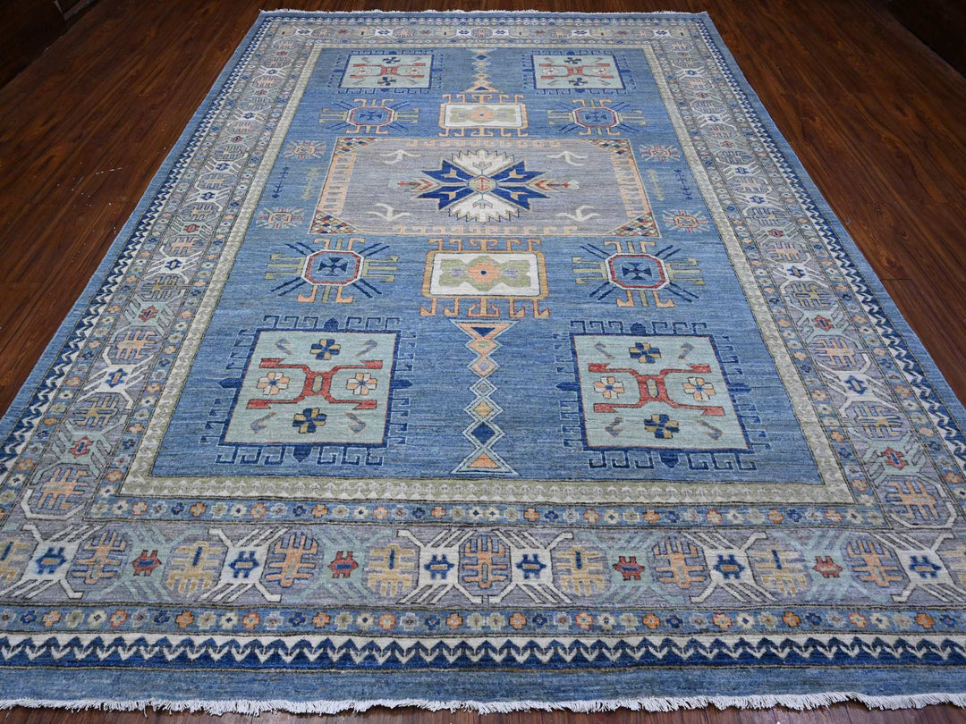 9'0" x 12'0" New Hand Knotted Blue Wool Rectangle Oriental Rug - MOA10289705