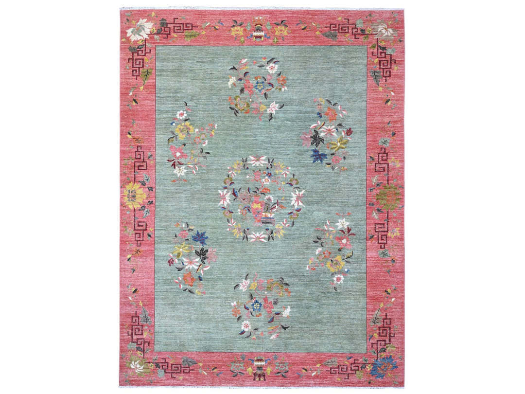 9'0" x 11'9" New Hand Knotted Green Wool Rectangle Oriental Rug - MOA10289735