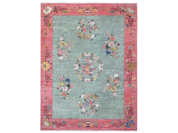 9'0" x 11'9" New Hand Knotted Green Wool Rectangle Oriental Rug - MOA10289735
