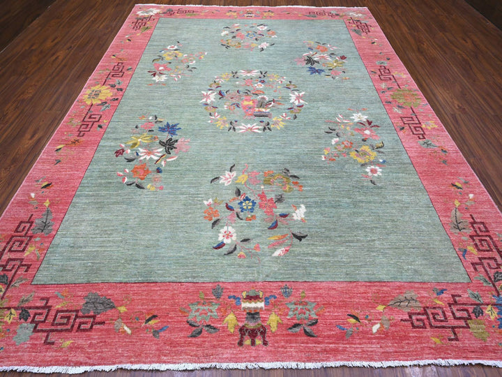 9'0" x 11'9" New Hand Knotted Green Wool Rectangle Oriental Rug - MOA10289735