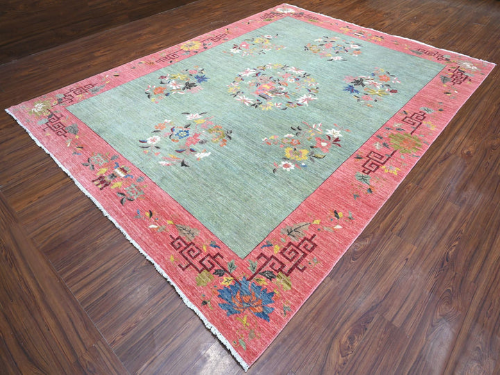 9'0" x 11'9" New Hand Knotted Green Wool Rectangle Oriental Rug - MOA10289735