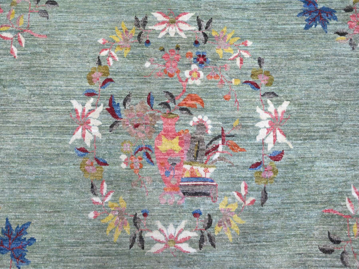 9'0" x 11'9" New Hand Knotted Green Wool Rectangle Oriental Rug - MOA10289735