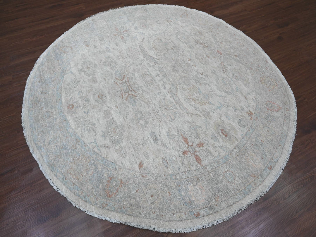 7'7" x 7'9" New Hand Knotted Ivory Wool Round Oriental Rug - MOA10289796