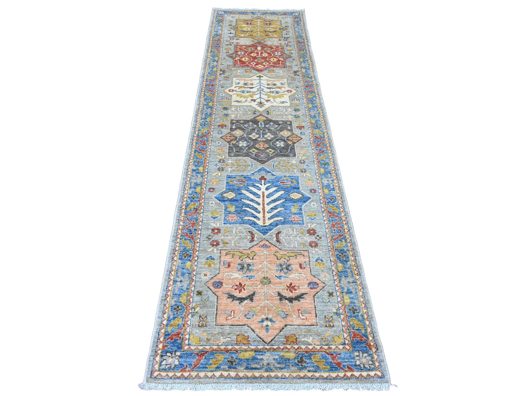 2'7" x 10'1" New Hand Knotted Grey Wool Runner Oriental Rug - MOA10289816