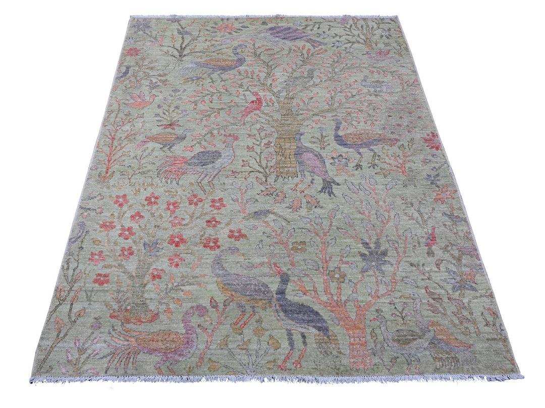 5'0" x 6'2" New Hand Knotted Green Wool Rectangle Oriental Rug - MOA10289828