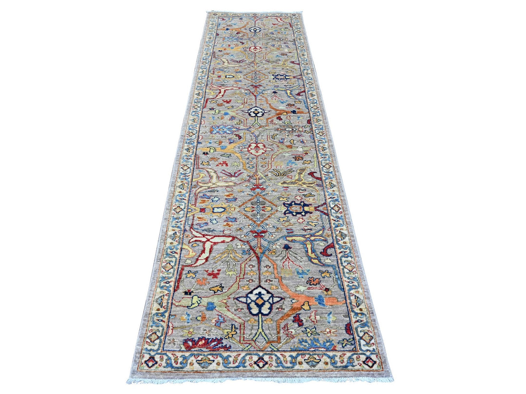 2'11" x 10'10" New Hand Knotted Grey Wool Runner Oriental Rug - MOA10289830
