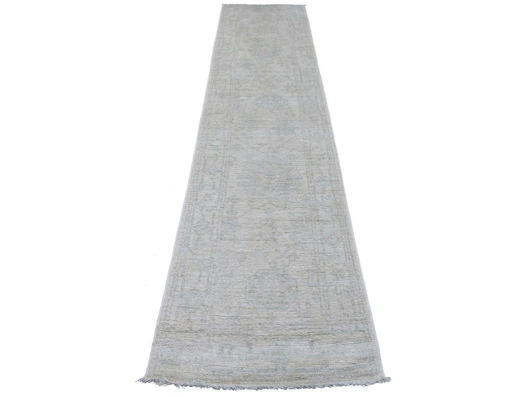 2'7" x 11'7" New Hand Knotted Grey Wool Runner Oriental Rug - MOA10289903