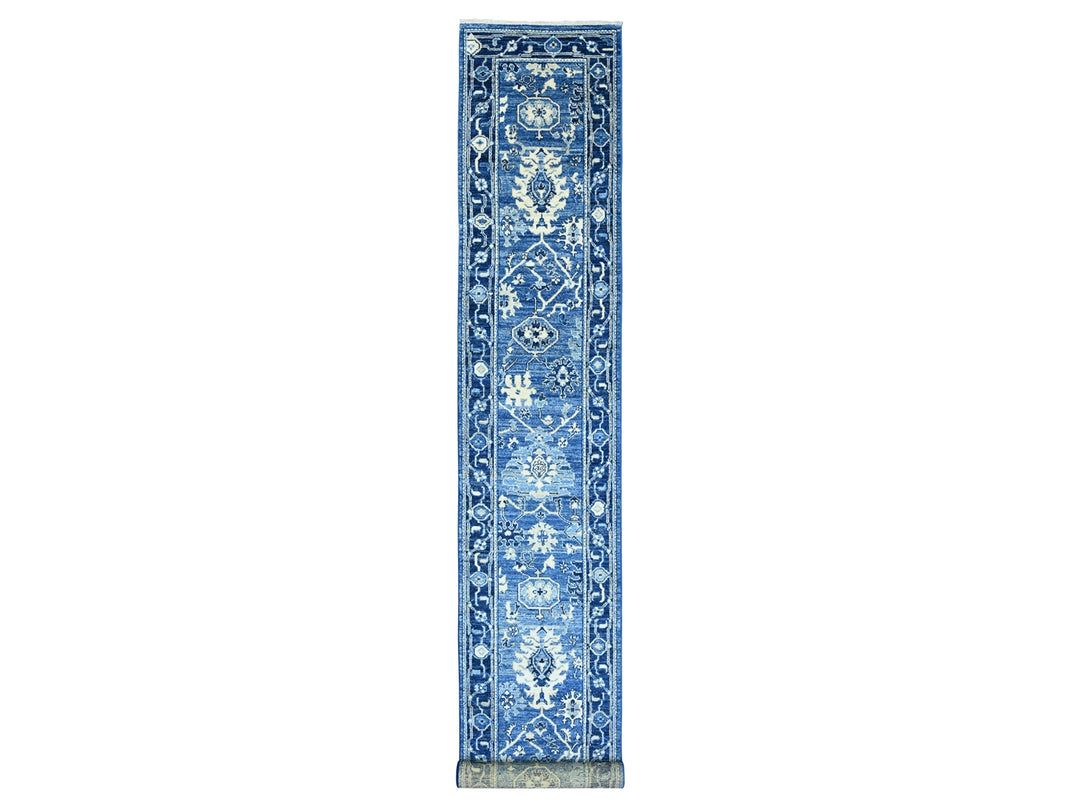 2'9" x 19'7" New Hand Knotted Blue Wool Runner Oriental Rug - MOA10289920