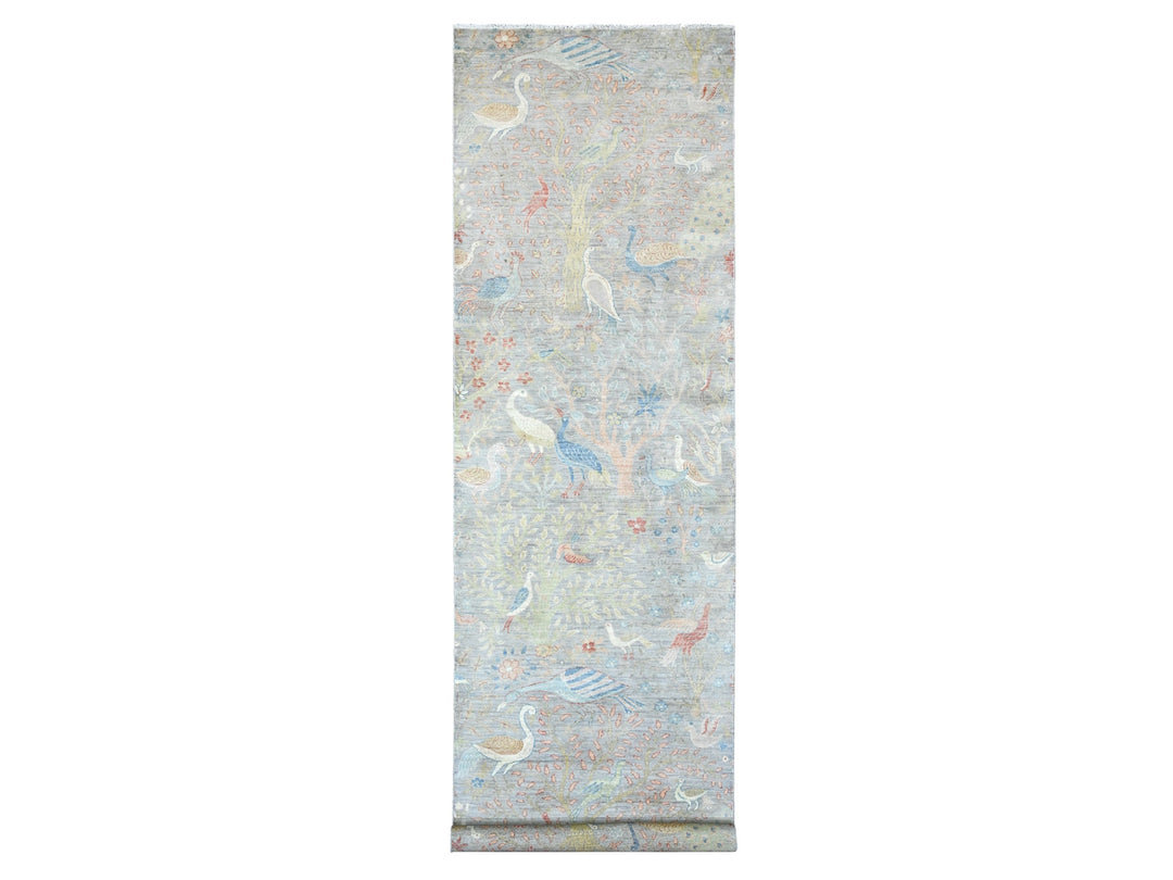 3'11" x 15'9" New Hand Knotted Grey Wool Runner Oriental Rug - MOA10289977