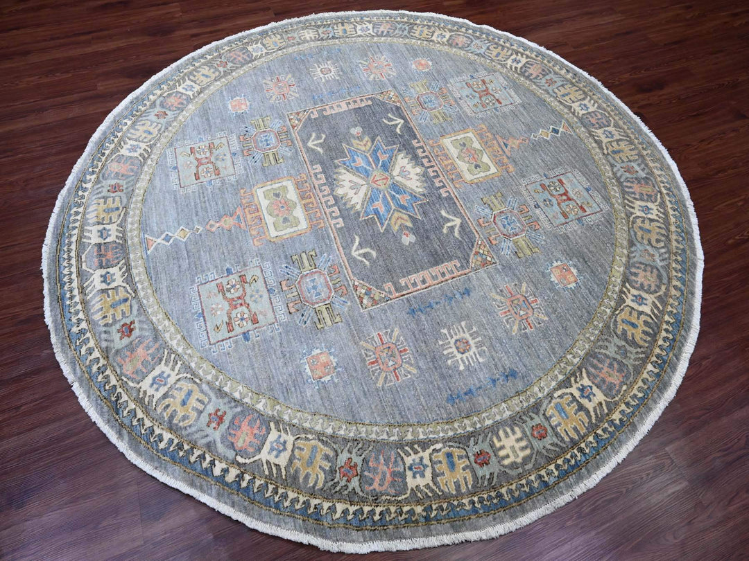 7'8" x 7'11" New Hand Knotted Grey Wool Round Oriental Rug - MOA10289997