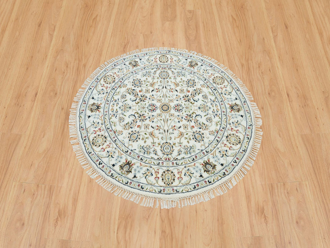 4'1" x 4'1" New Hand Knotted Ivory Wool Round Oriental Rug - MOA10290026