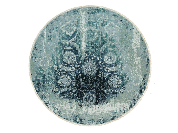6'11" x 6'11" New Hand Knotted Blue Wool & Silk Round Oriental Rug - MOA10290131