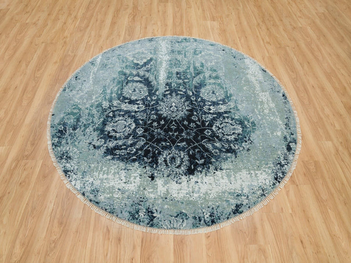6'11" x 6'11" New Hand Knotted Blue Wool & Silk Round Oriental Rug - MOA10290131