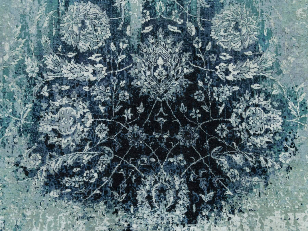 6'11" x 6'11" New Hand Knotted Blue Wool & Silk Round Oriental Rug - MOA10290131