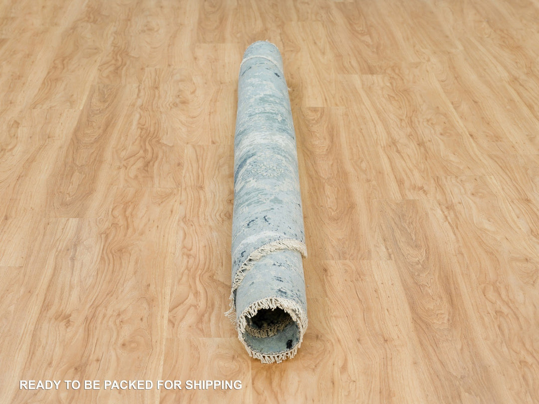 6'11" x 6'11" New Hand Knotted Blue Wool & Silk Round Oriental Rug - MOA10290131