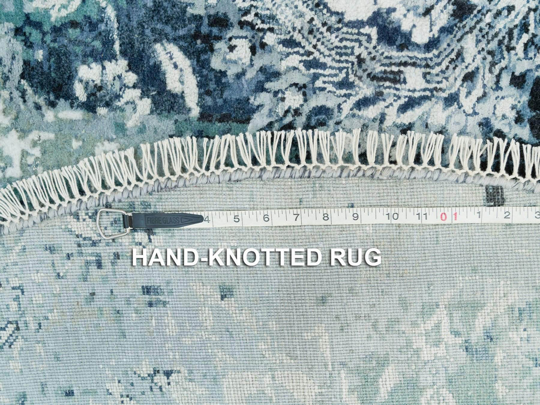 6'11" x 6'11" New Hand Knotted Blue Wool & Silk Round Oriental Rug - MOA10290131