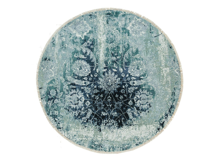 6'0" x 6'0" New Hand Knotted Blue Wool & Silk Round Oriental Rug - MOA10290132