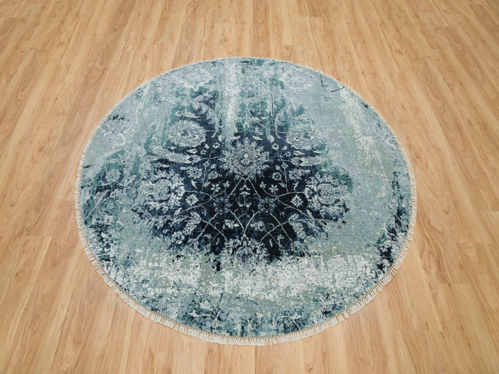 6'0" x 6'0" New Hand Knotted Blue Wool & Silk Round Oriental Rug - MOA10290132