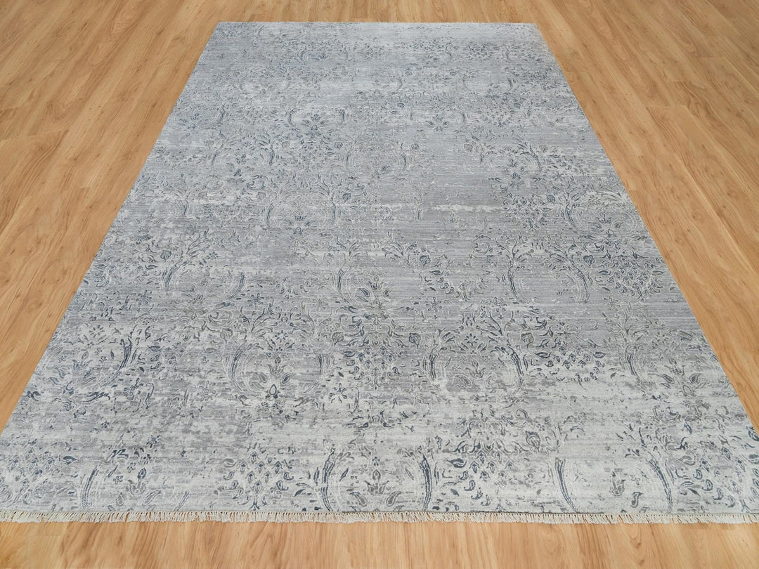 8'9" x 11'10" New Hand Knotted Grey Wool and Plant based Silk Rectangle Oriental Rug - MOA10290133